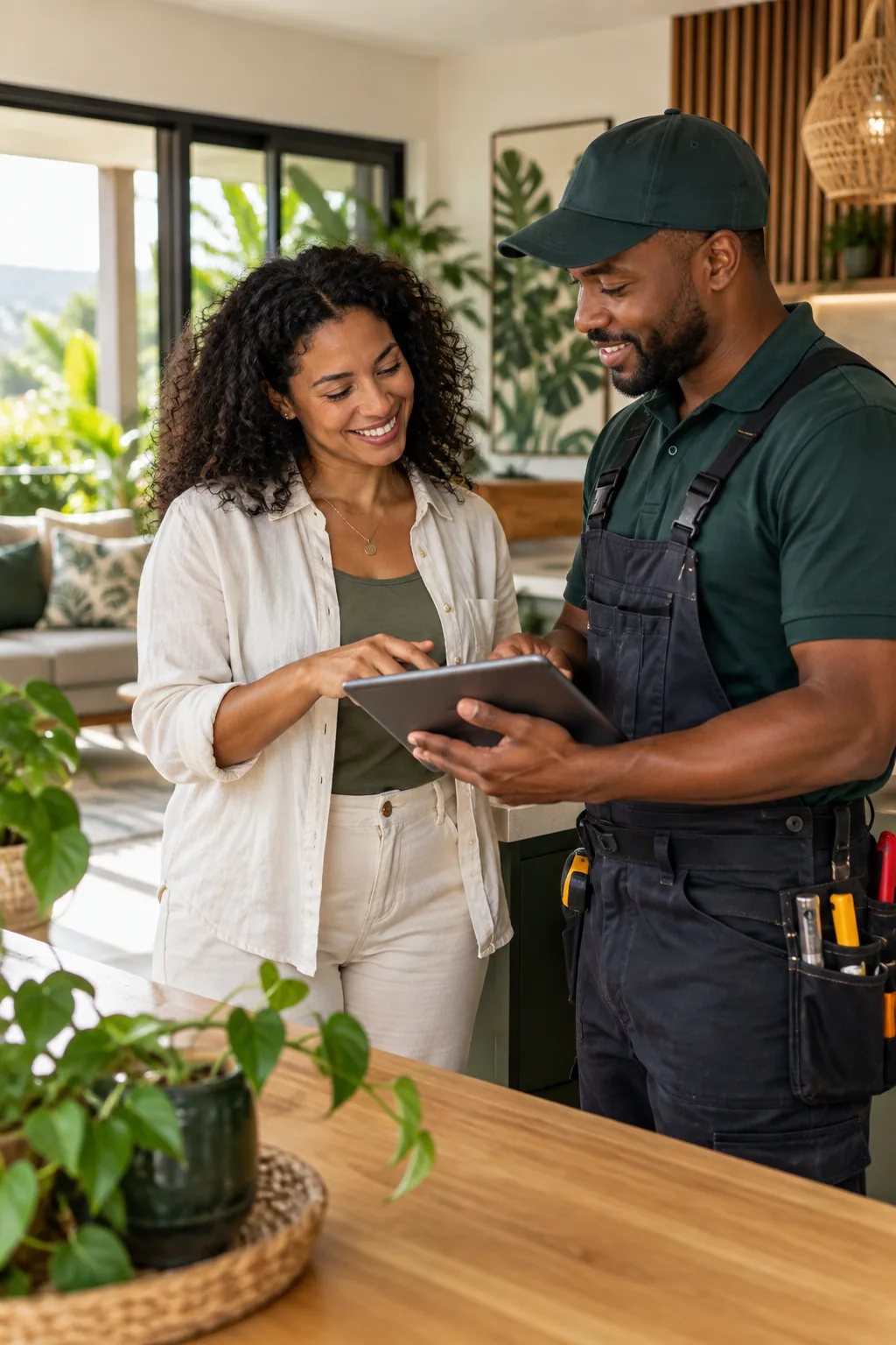 Illustrative image of a homeowner discussing a job with a tradesperson